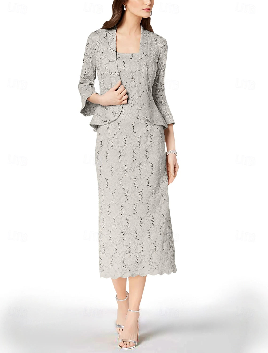 Buyishang Two Piece Sheath Mother of the Bride Dress Elegant Jewel Neck Tea Length Lace 3/4 Length Sleeve Jacket Dresses with Lace